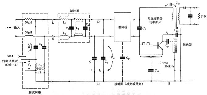 常見離線電源適配器中寄生RFI電流通路示例